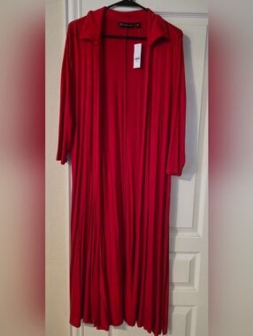 New York & Company Long Open-Front Red Cardigan